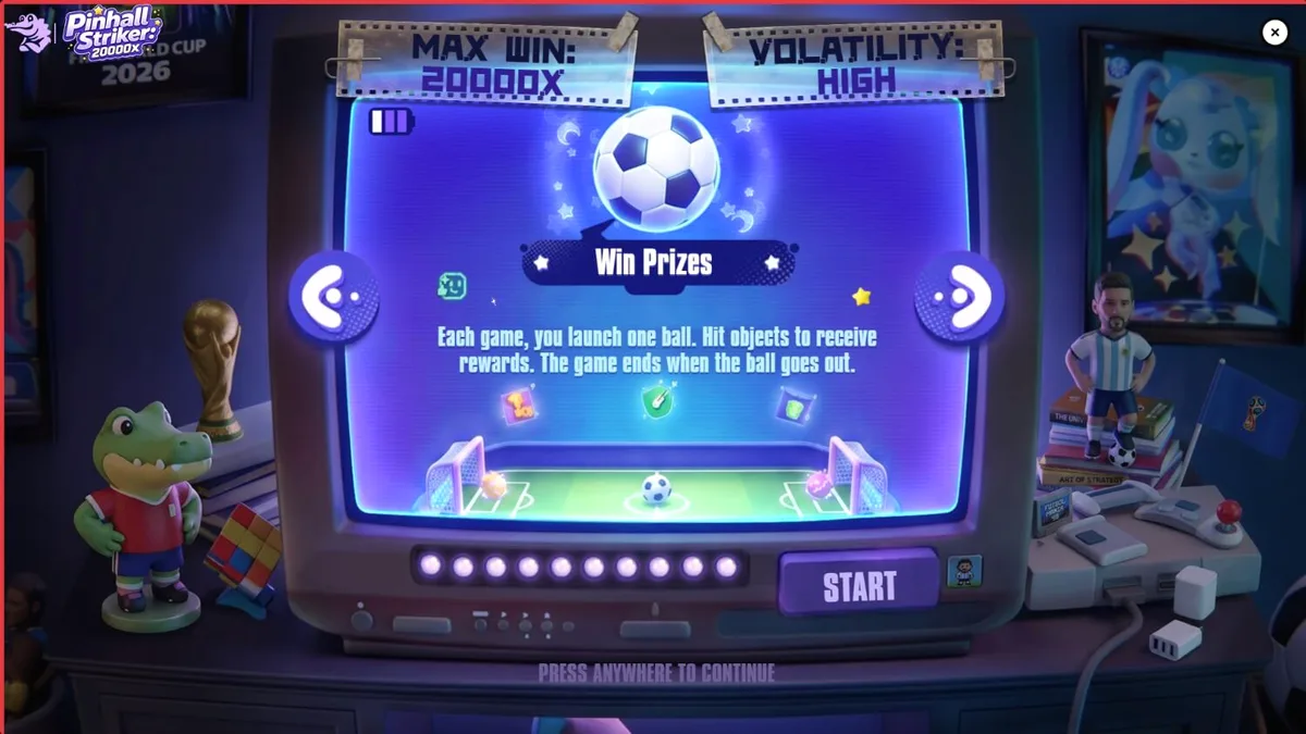 Tampilan antarmuka permainan slot Pinball Striker 20,000x dengan tema stadion neon dan elemen pinball.