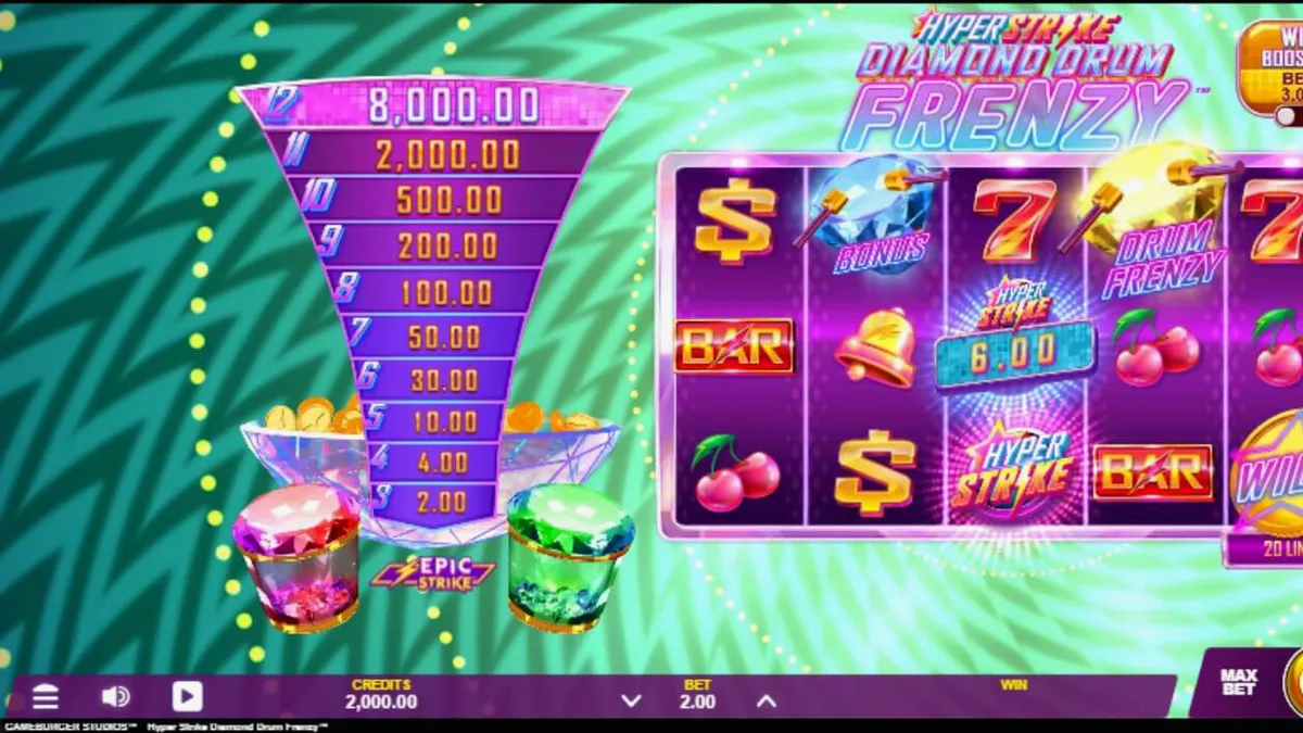 Tampilan visual slot Hyper Strike Diamond Drum Frenzy dengan elemen neon dan drum emas